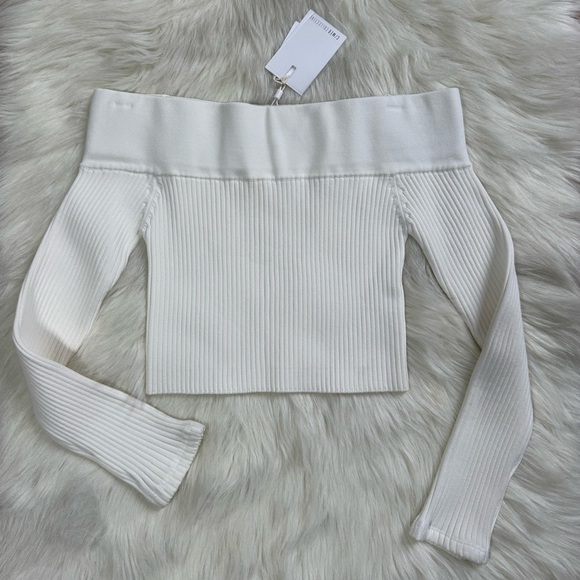New C/MEO Life Is Real stretch thick knit ribbed crop top sweater off shoulder - Picture 2 of 4
